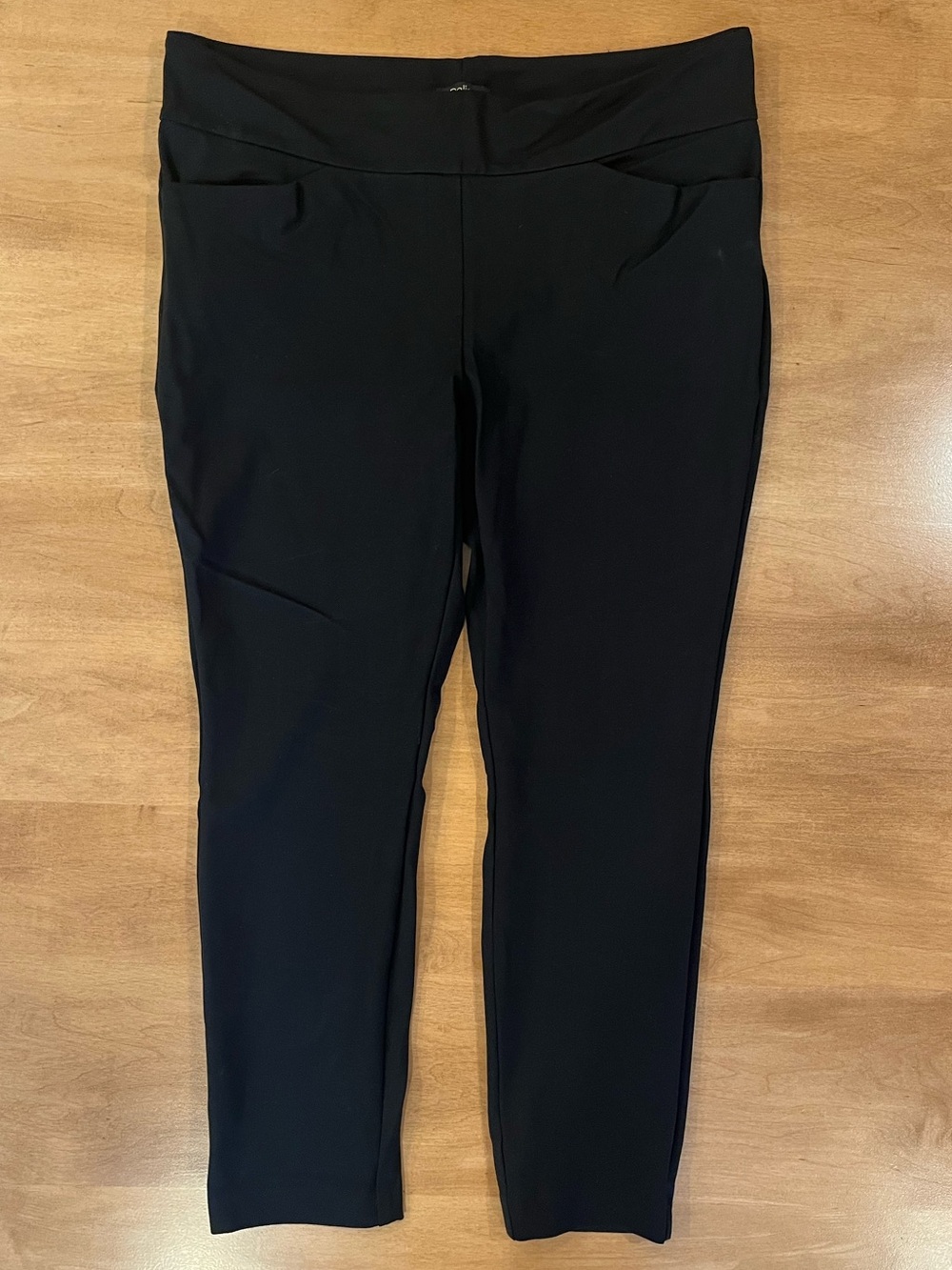 Flat front black pants with significant stretch (like yoga pants) by Dalia